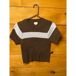 LE LIS COLLECTION Brown Stripe Ribbed Knit Short Sleeve Crop Top Sweater Women M